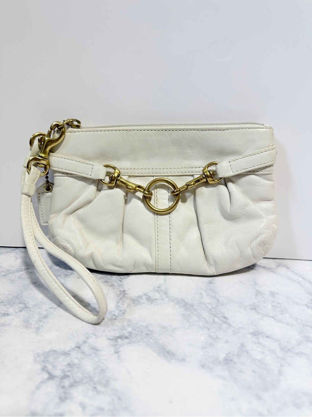 Vintage Coach white leather gold buckle  wristlet clutch cosmetic phone holder
